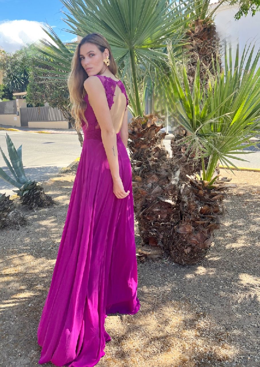 Vestido de fiesta largo tul bordado buganvilla Tuareg Modas