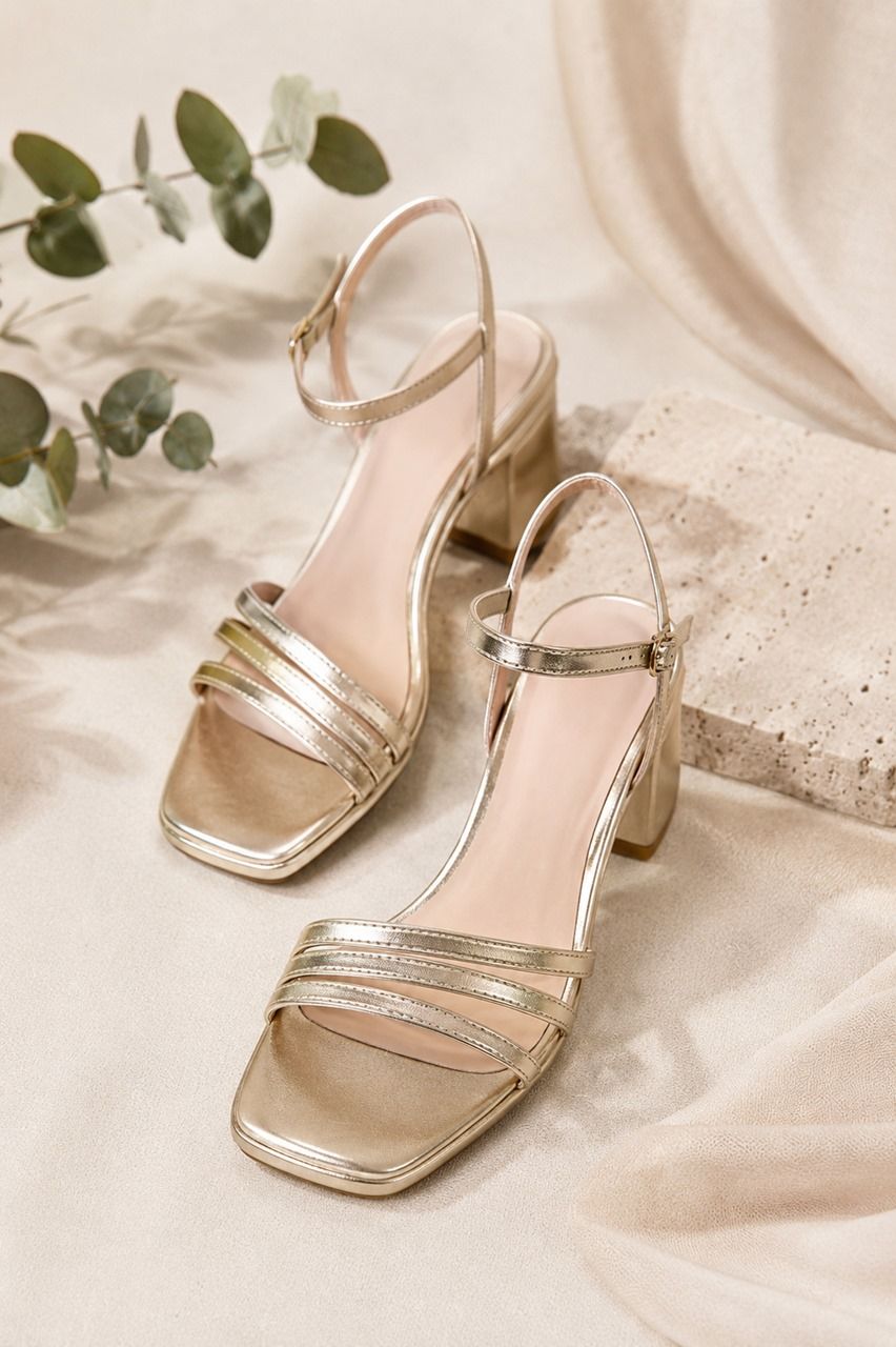 sandalias doradas de tacón medio para invitadas