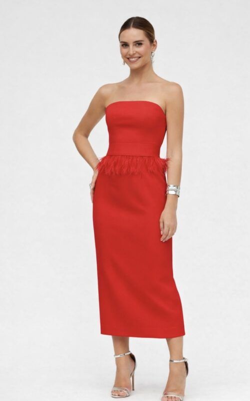 vestido rojo con mangas independientes para invitadas