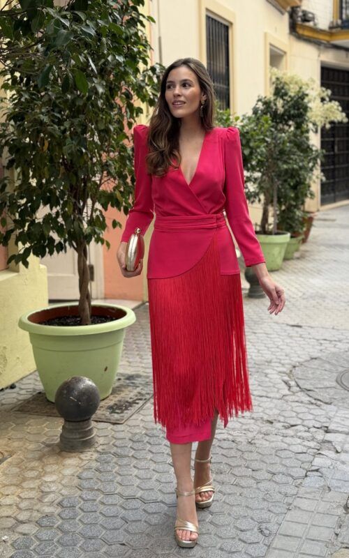 Vestido sobrefalda flecos fresa Carmen - Imagen 3