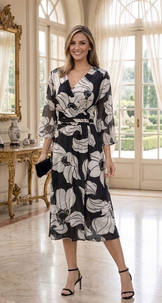 vestido de gasa para invitadas en blanco y negro