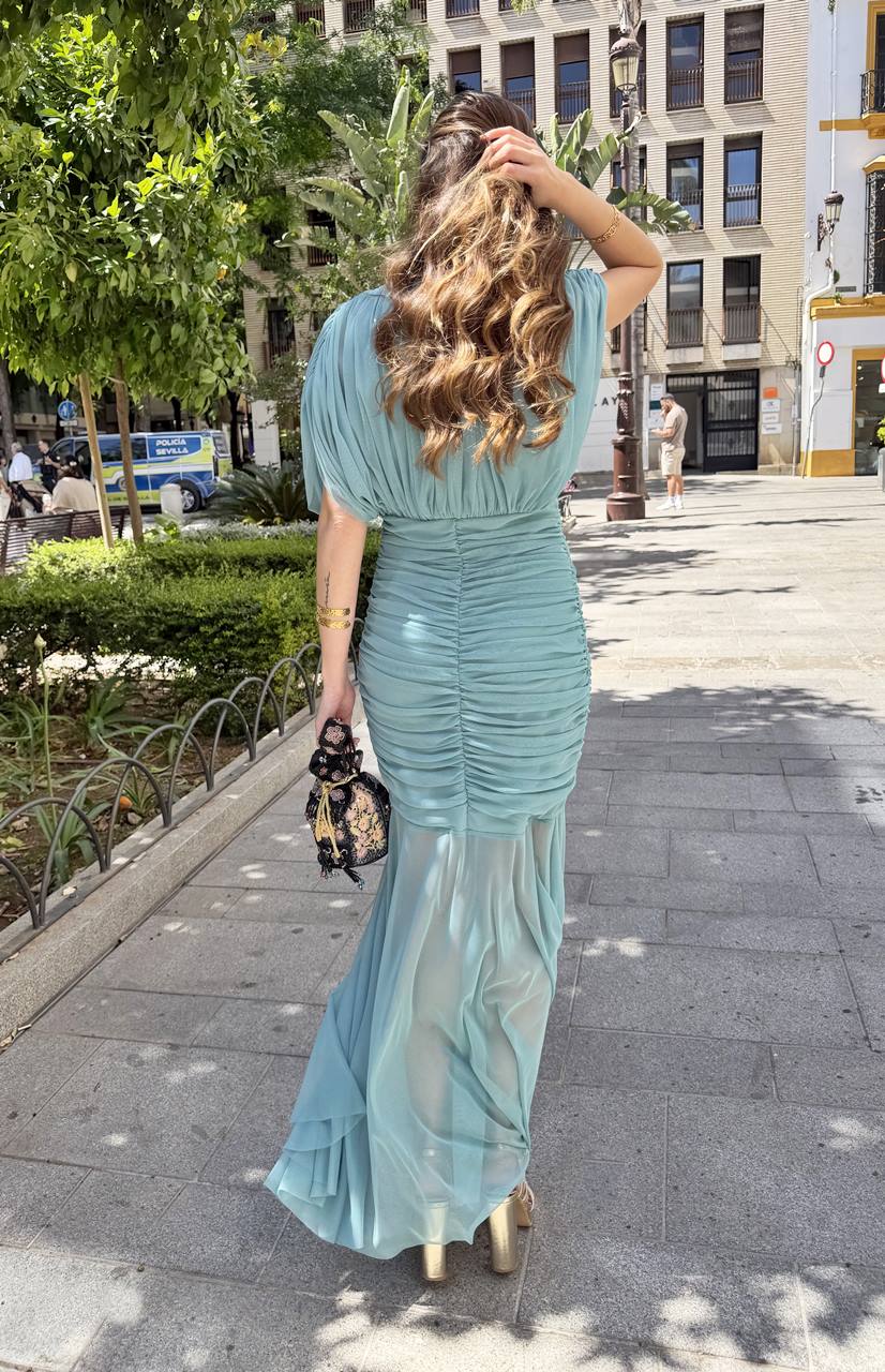 vestido tul drapeado para bodas y graduaciones en color aguamarina