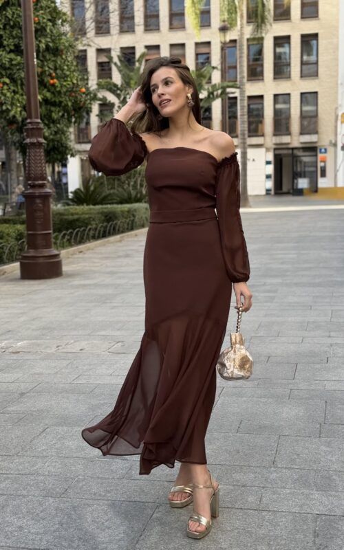 Vestido marrón Bardot - Imagen 2
