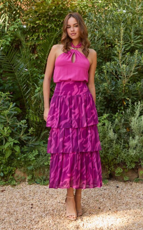 conjunto de falda estampada para invitada joven