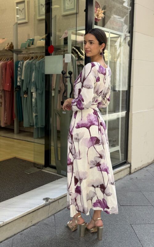vestido lino de vuelo estampado en malva para invitada