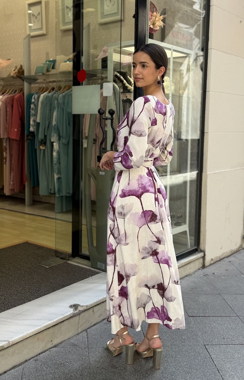 vestido lino de vuelo estampado en malva para invitada