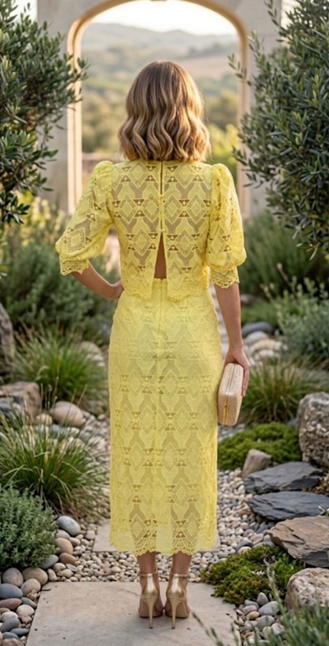 conjunto amarillo de falda y top en encaje para invitadas