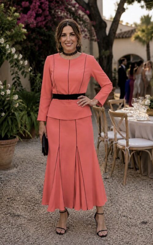 conjunto de falda de vuelo y blusa en color coral para invitadas