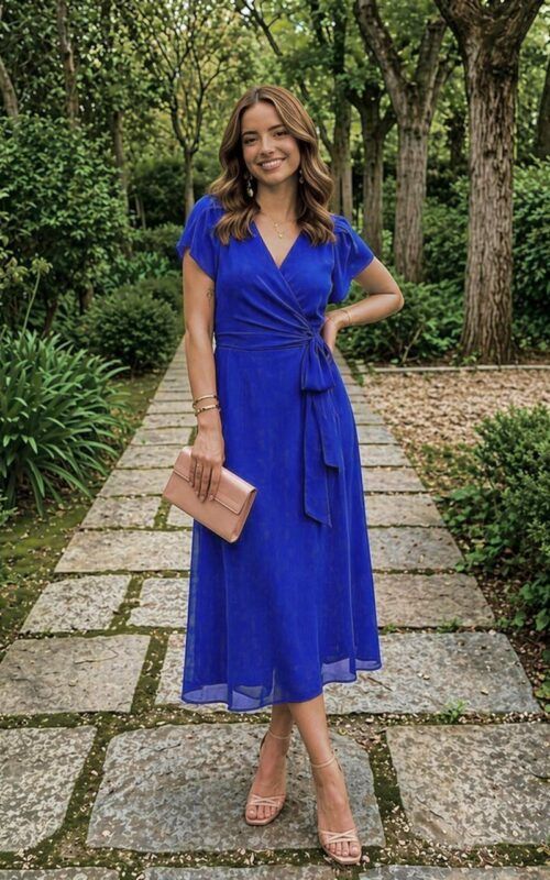 vestido de gasa para invitada en color azul tinta