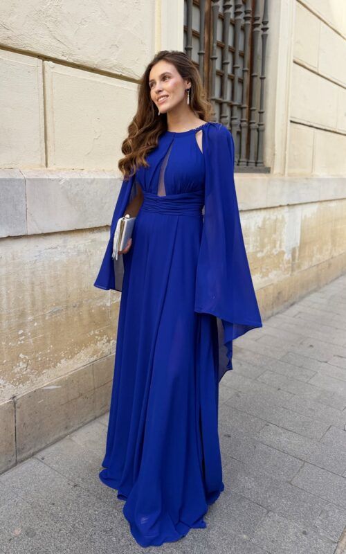 vestido largo con capa en azul tinta para graduaciones y bodas