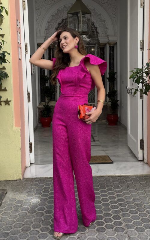 conjunto de pantalón y top en tejido jacquard para invitadas