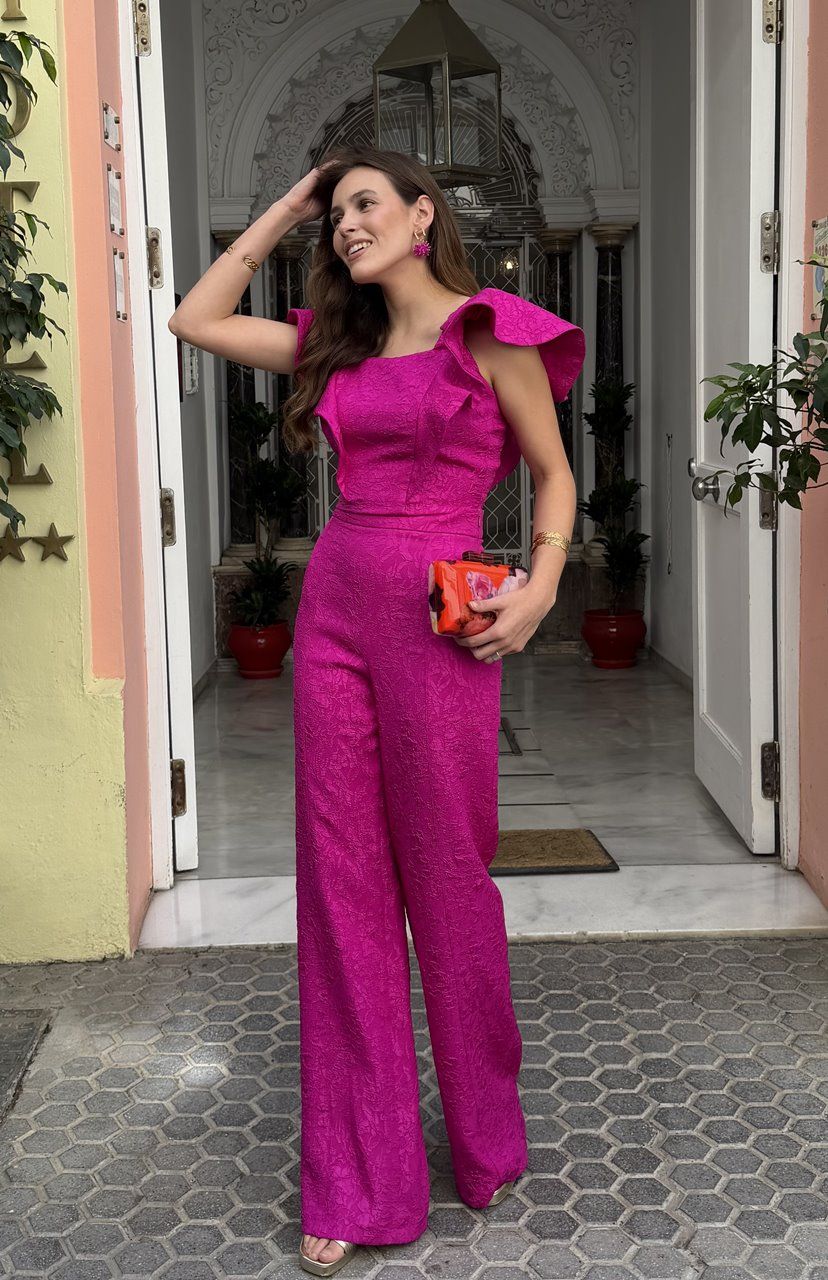 conjunto de pantalón y top en tejido jacquard para invitadas