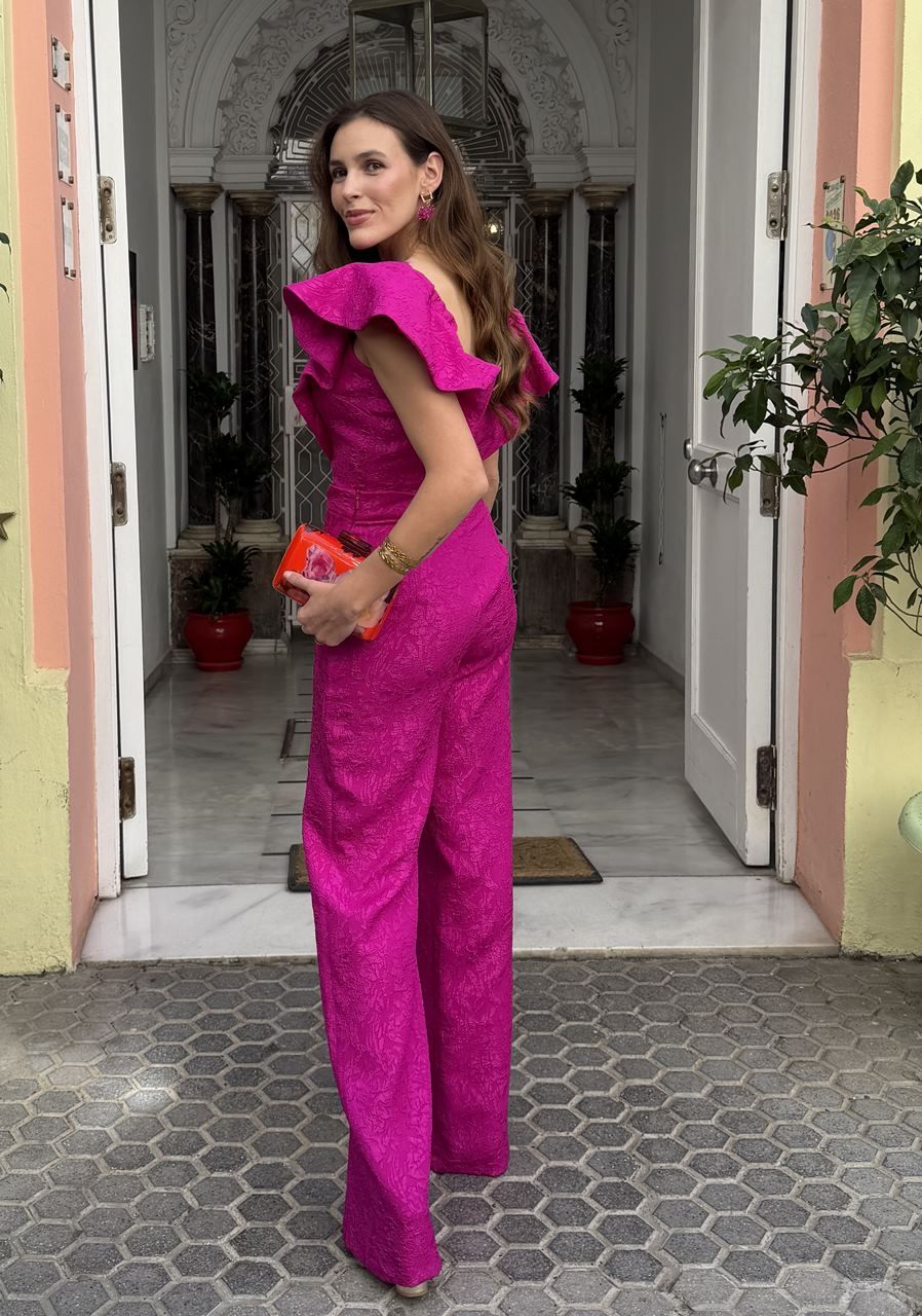 conjunto de pantalón y top en tejido jacquard para invitadas