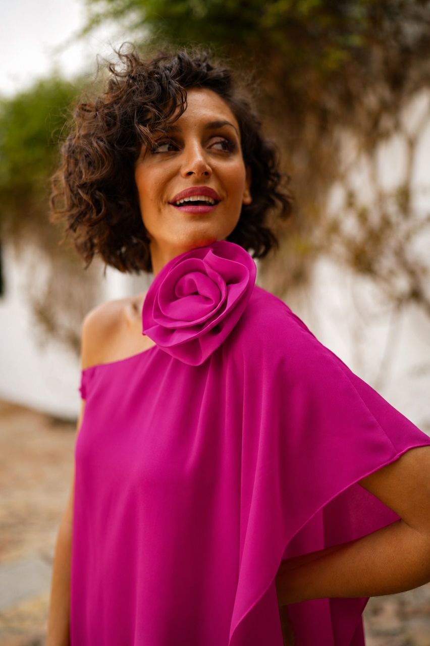 vestido midi con capa en color buganvilla para invitada