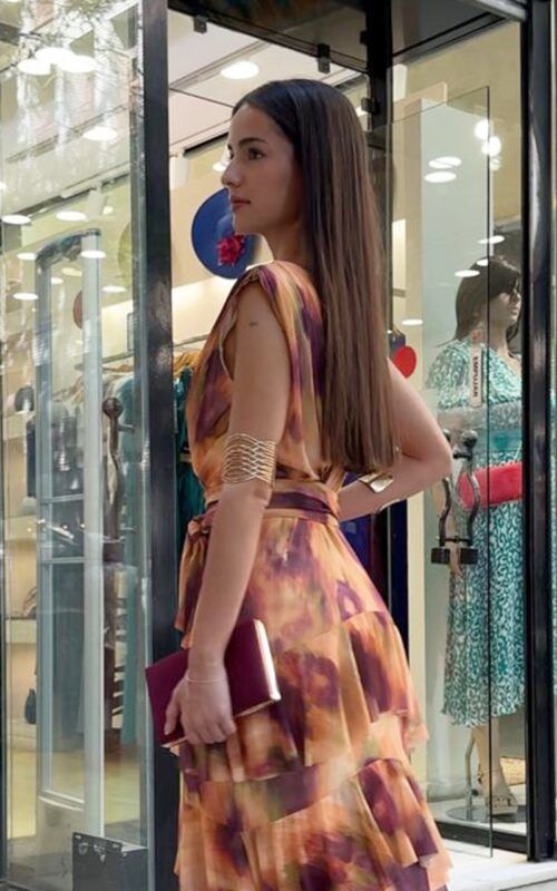 vestido largo volantes tul elástico estampado para invitadas