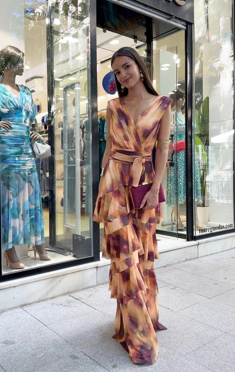 vestido largo volantes tul elástico estampado para invitadas