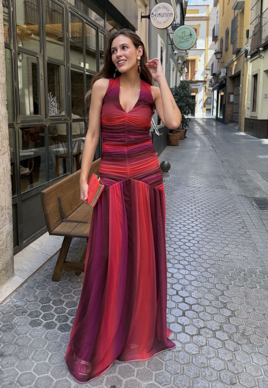 vestido de tul estampado en rayas multicolor para invitadas de bodas