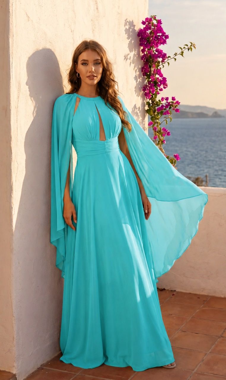 vestido largo con capa para invitadas a bodas en color turquesa