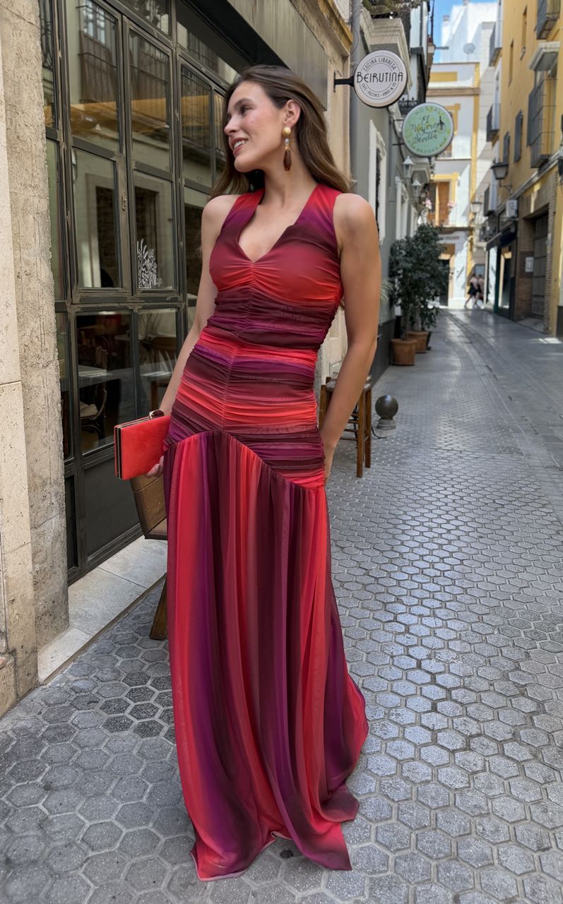 vestido de tul estampado en rayas multicolor para invitadas de bodas