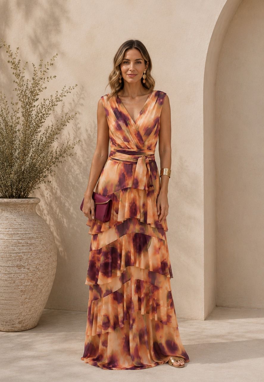 vestido largo estampado volantes para invitadas