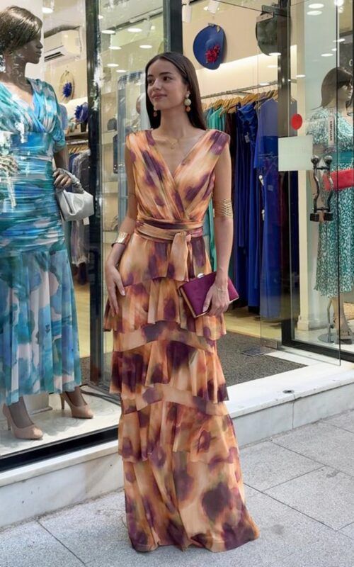 vestido largo volantes tul elástico estampado para invitadas
