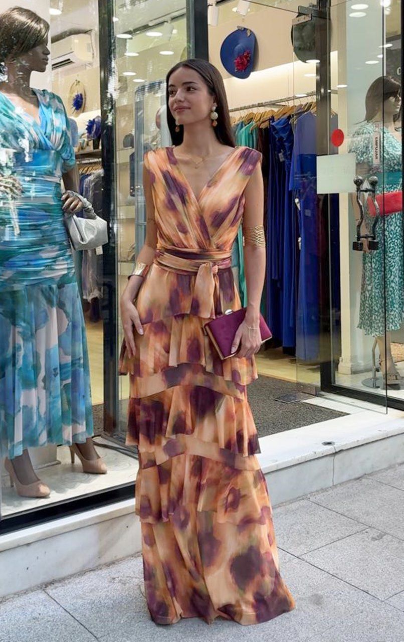 vestido largo volantes tul elástico estampado para invitadas