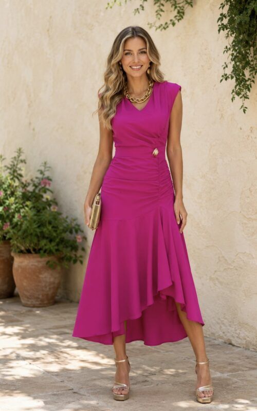 vestido midi para invitada de verano en color buganvilla