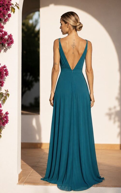 vestido largo falda de vuelo para invitadas en color azul petróleo