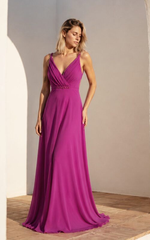 vestido de gasa largo buganvilla para bodas y graduaciones