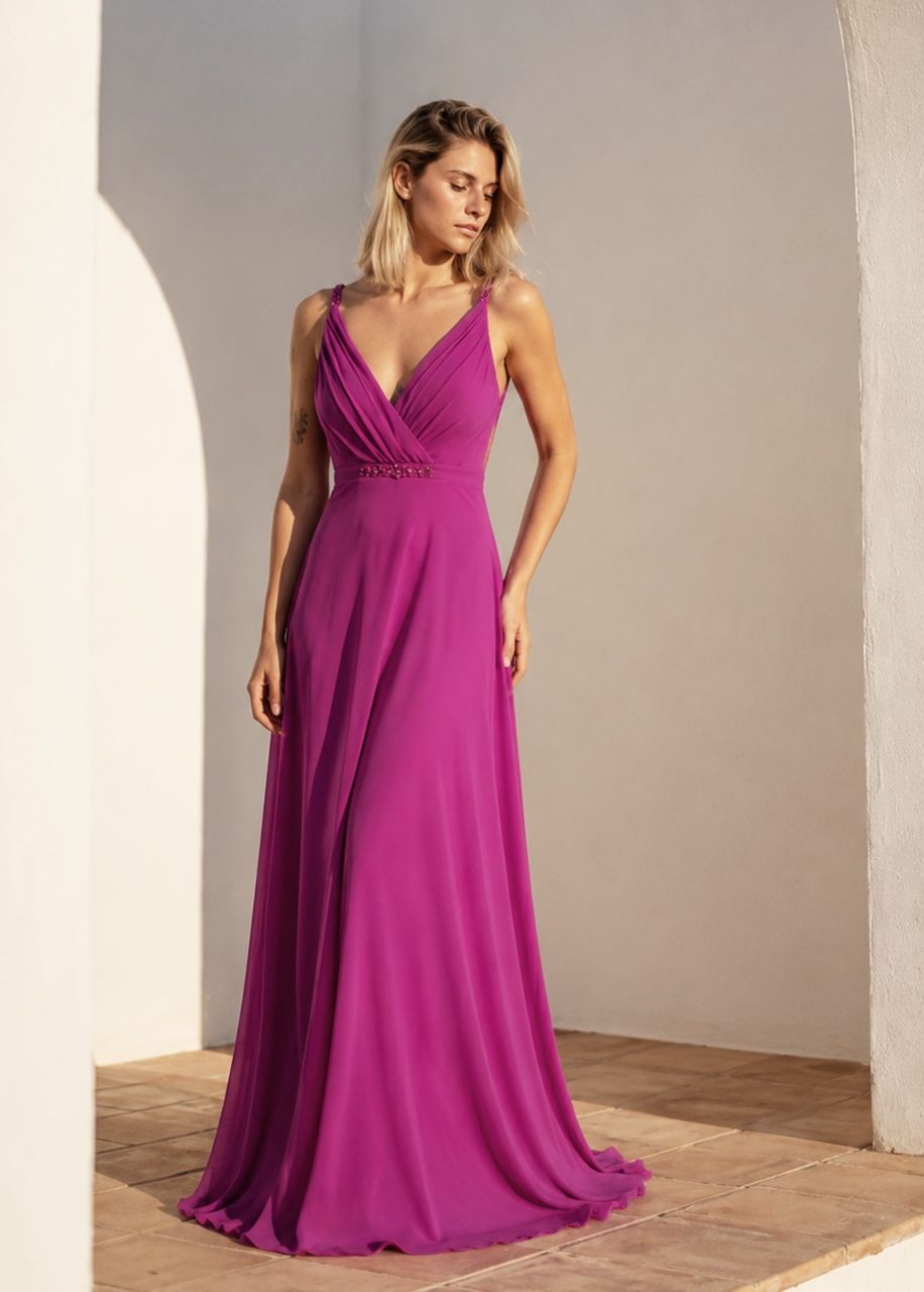 vestido de gasa largo buganvilla para bodas y graduaciones