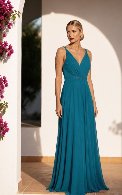 vestido largo para invitadas a bodas, graduaciones, en color azul petróleo
