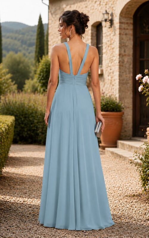 vestido largo celeste para invitada a bodas y graduaciones