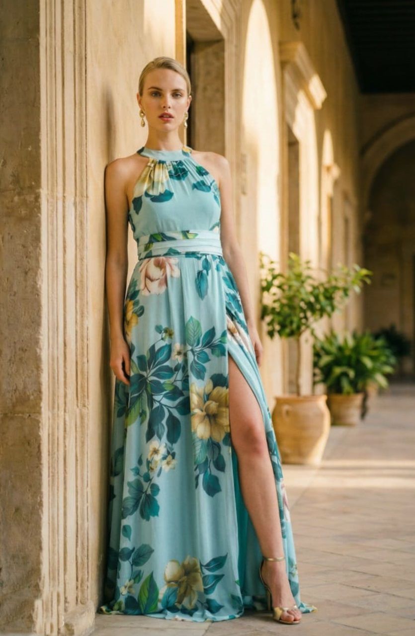 vestido largo estampado cuello halter para invitadas