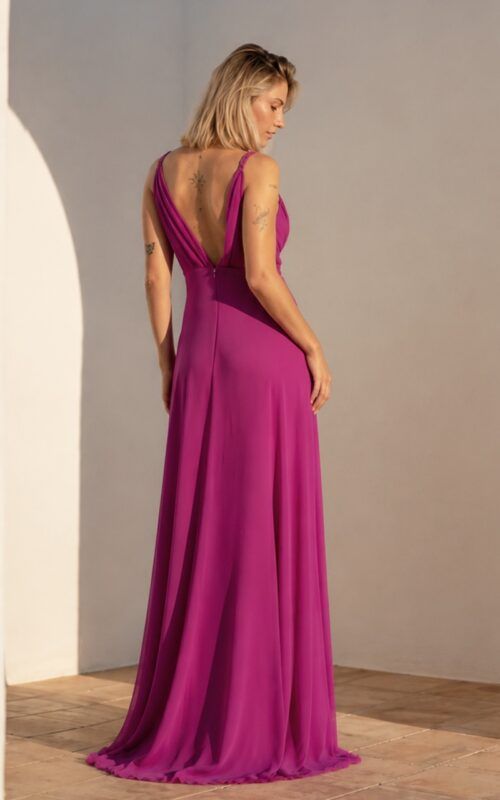 vestido de gasa largo buganvilla para bodas y graduaciones