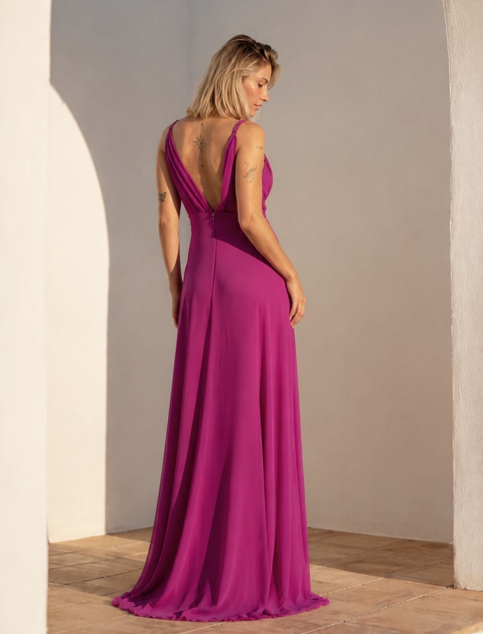vestido de gasa largo buganvilla para bodas y graduaciones