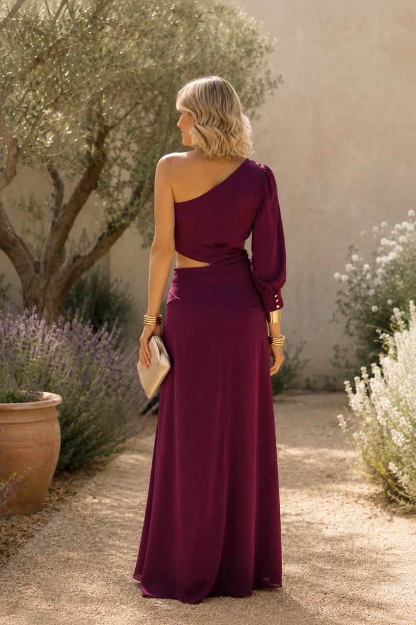 vestido largo para invitada en raso burdeos