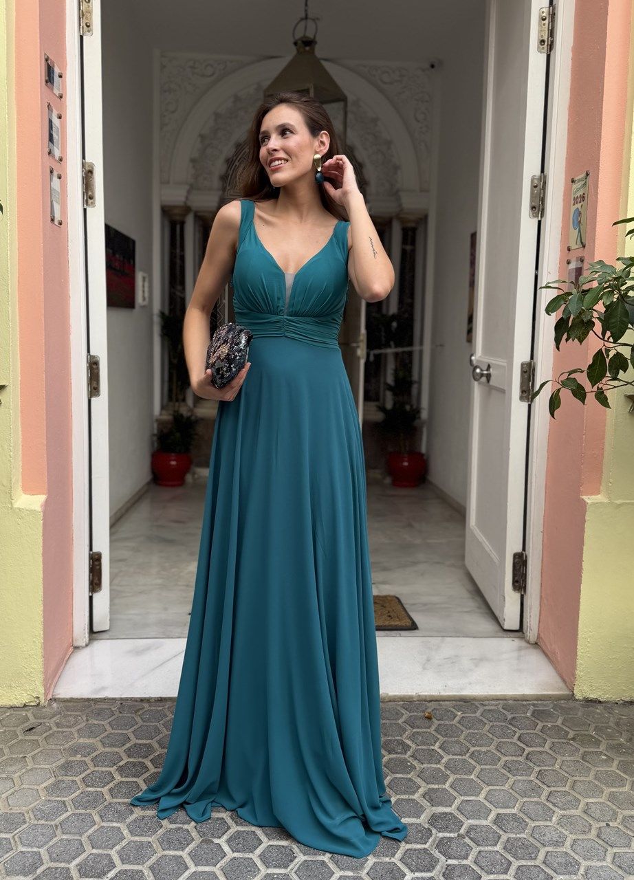 vestido largo azul petróleo con encaje en la espalda para invitadas a bodas y graduaciones