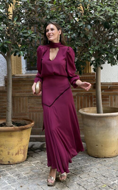 conjunto falda y blusa en gasa burdeos frambuesa