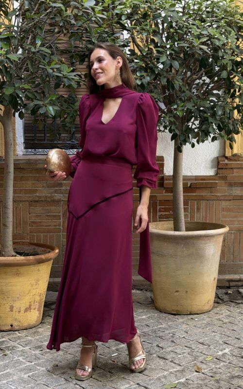 conjunto falda y blusa en gasa burdeos frambuesa