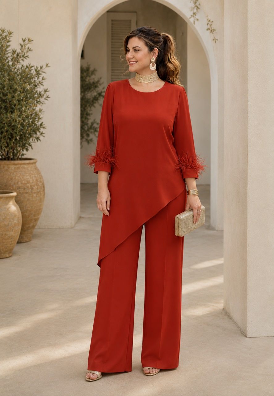 conjunto de pantalón y blusa en color teja hasta la talla 54