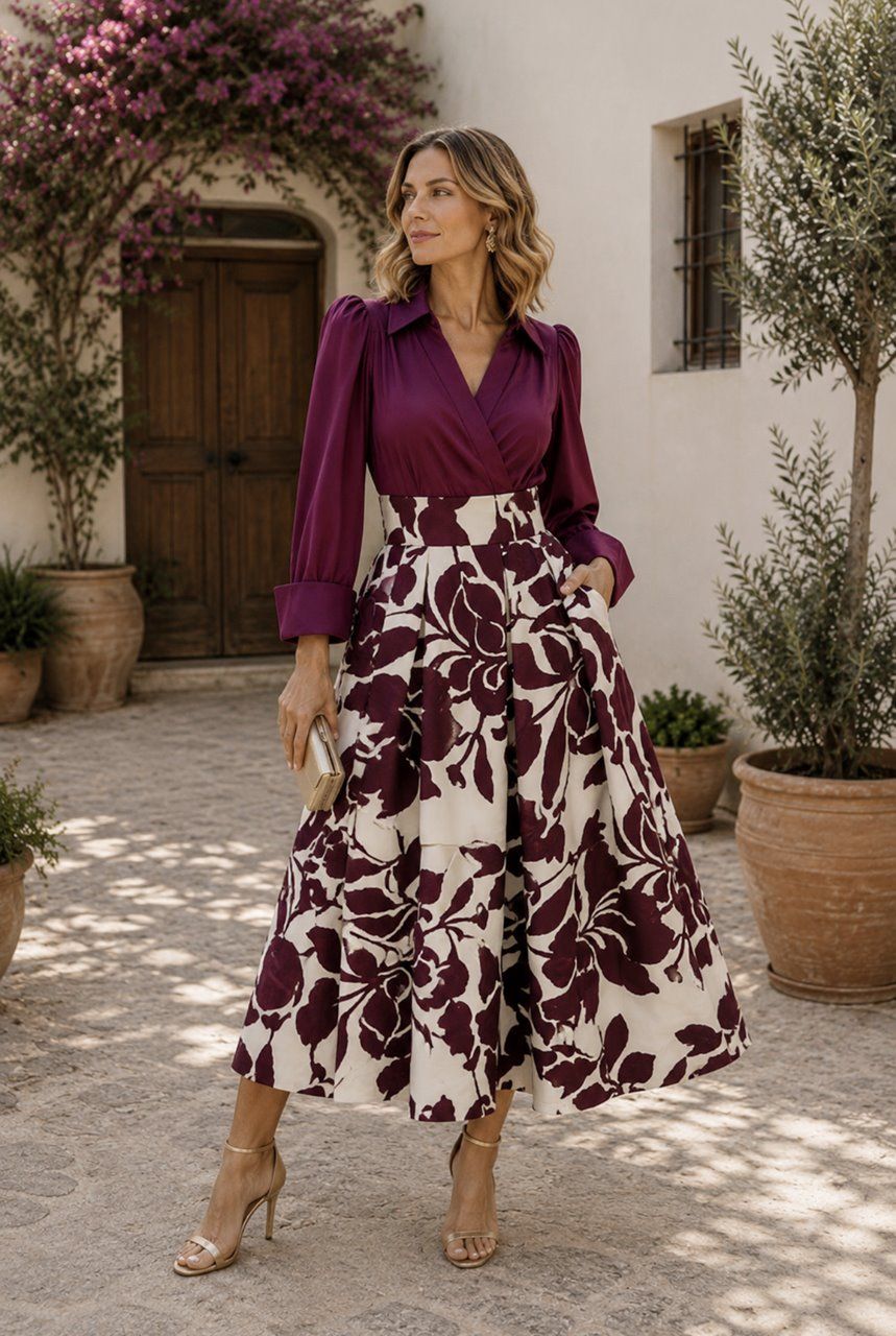 vestido de vuelo con blusa en tafetán y falda estampada berenjena