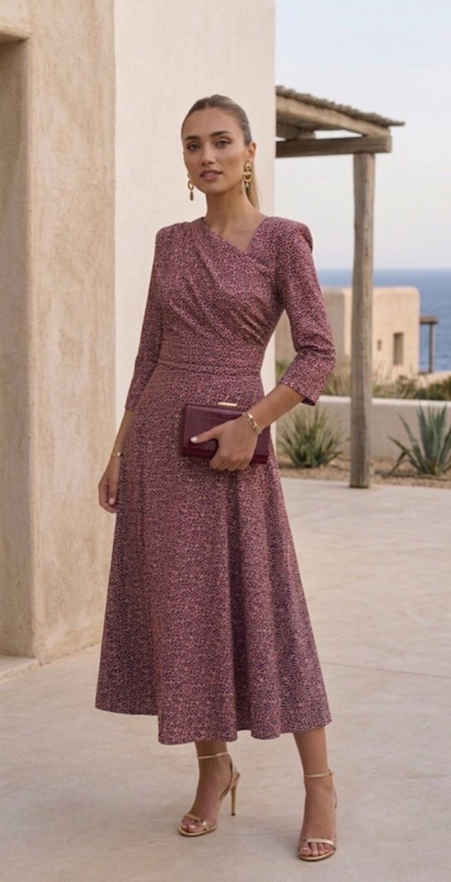 vestido estampado midi en tonos burdeos para invitada