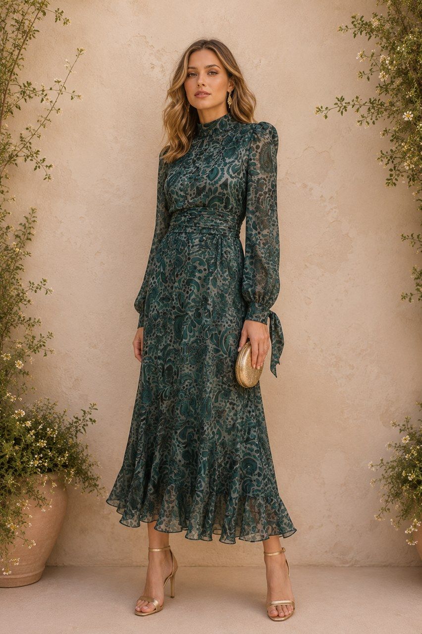 vestido estampado verde botella en gasa para invitadas