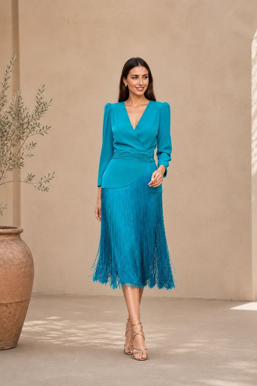 vestido con sobrefalda de flecos desmontable en color azul petróleo para invitadas