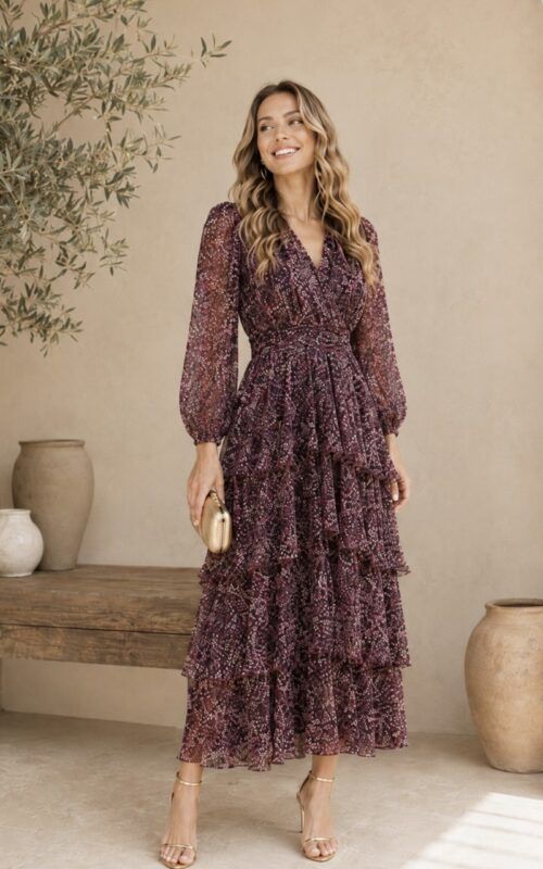 vestido de volantes en gasa estampada para invitadas