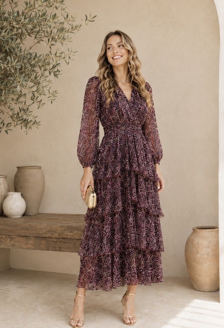 vestido de volantes en gasa estampada para invitadas