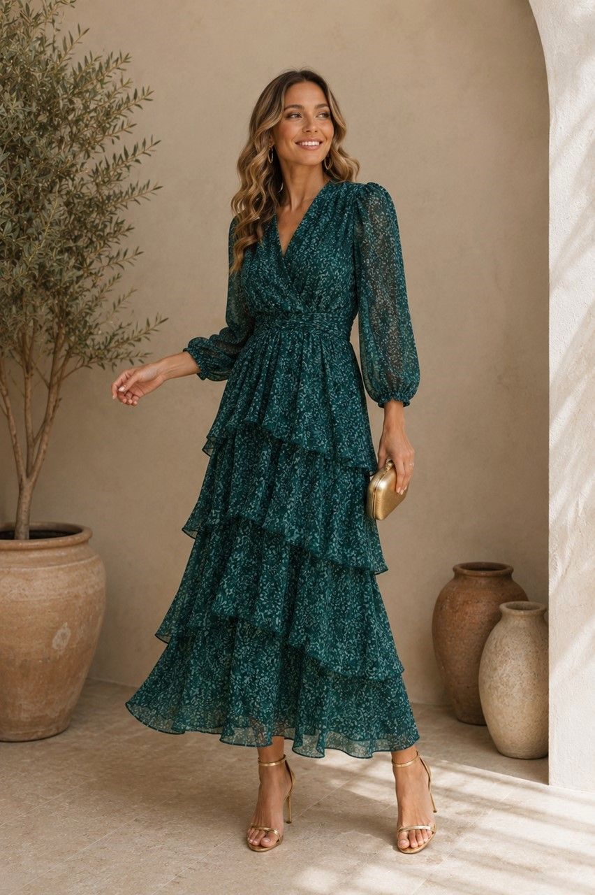 vestido-volantes-gasa-estampada-verde-botella-tuareg-modas vestido volantes verde botella en gasa para bodas