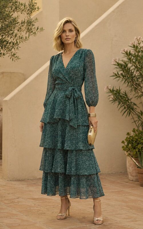 vestido volantes de gasa estampada en verde botella para invitadas