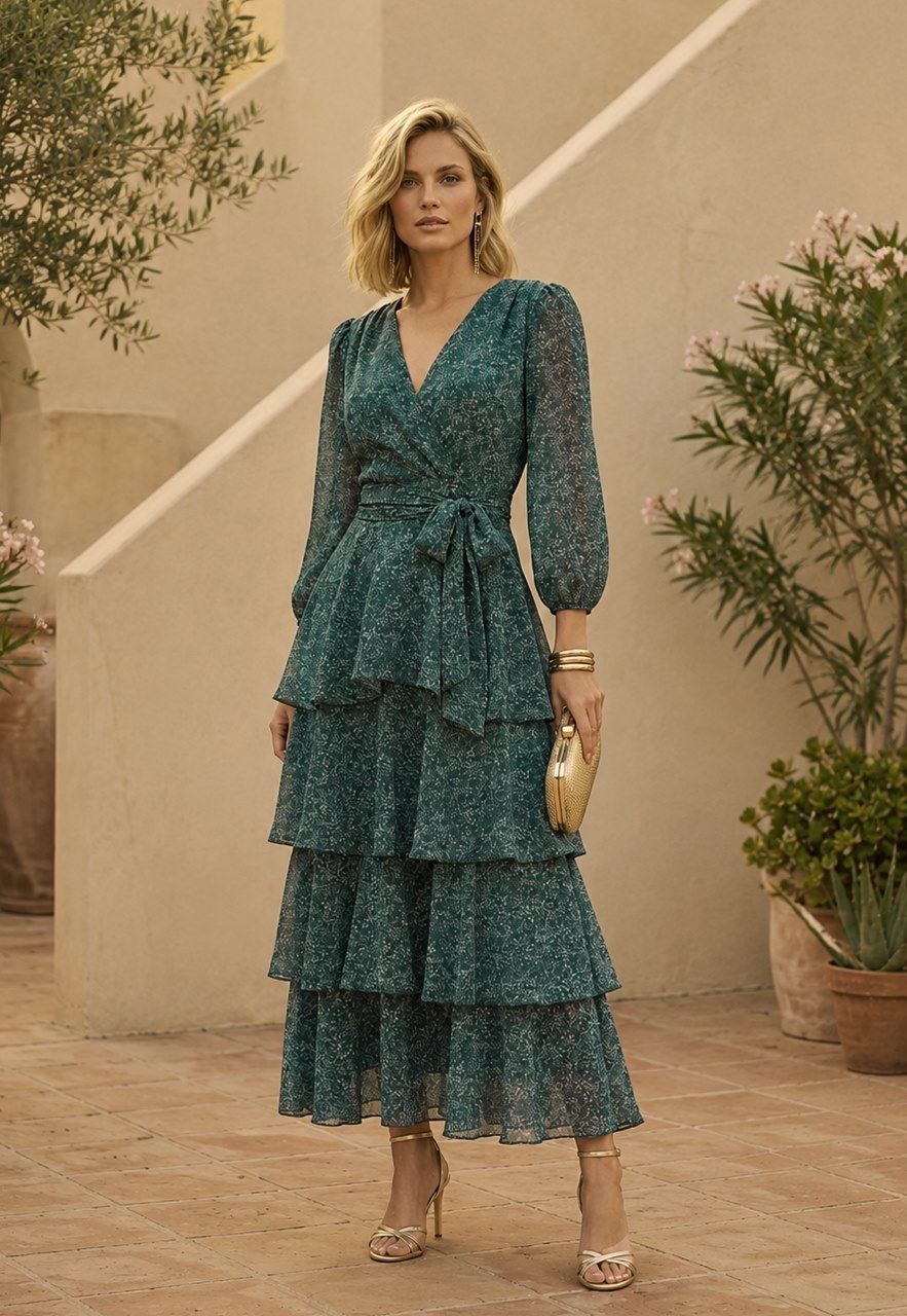 vestido volantes de gasa estampada en verde botella para invitadas