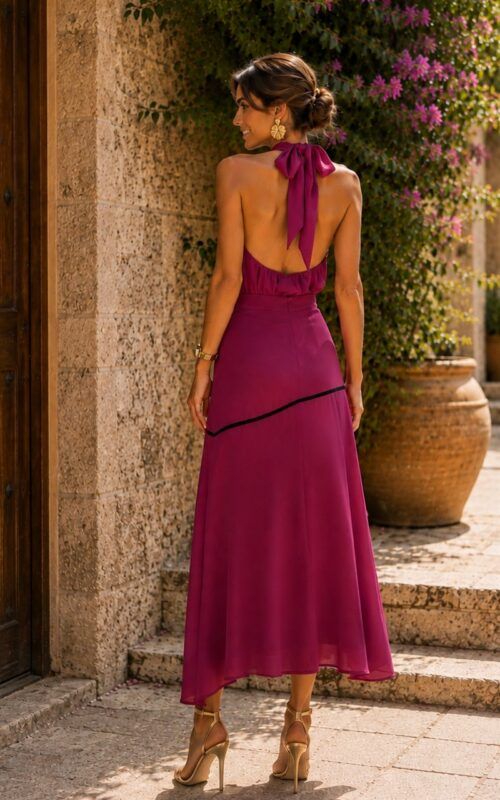 conjunto de falda y blusa halter en clor rubí para invitadas